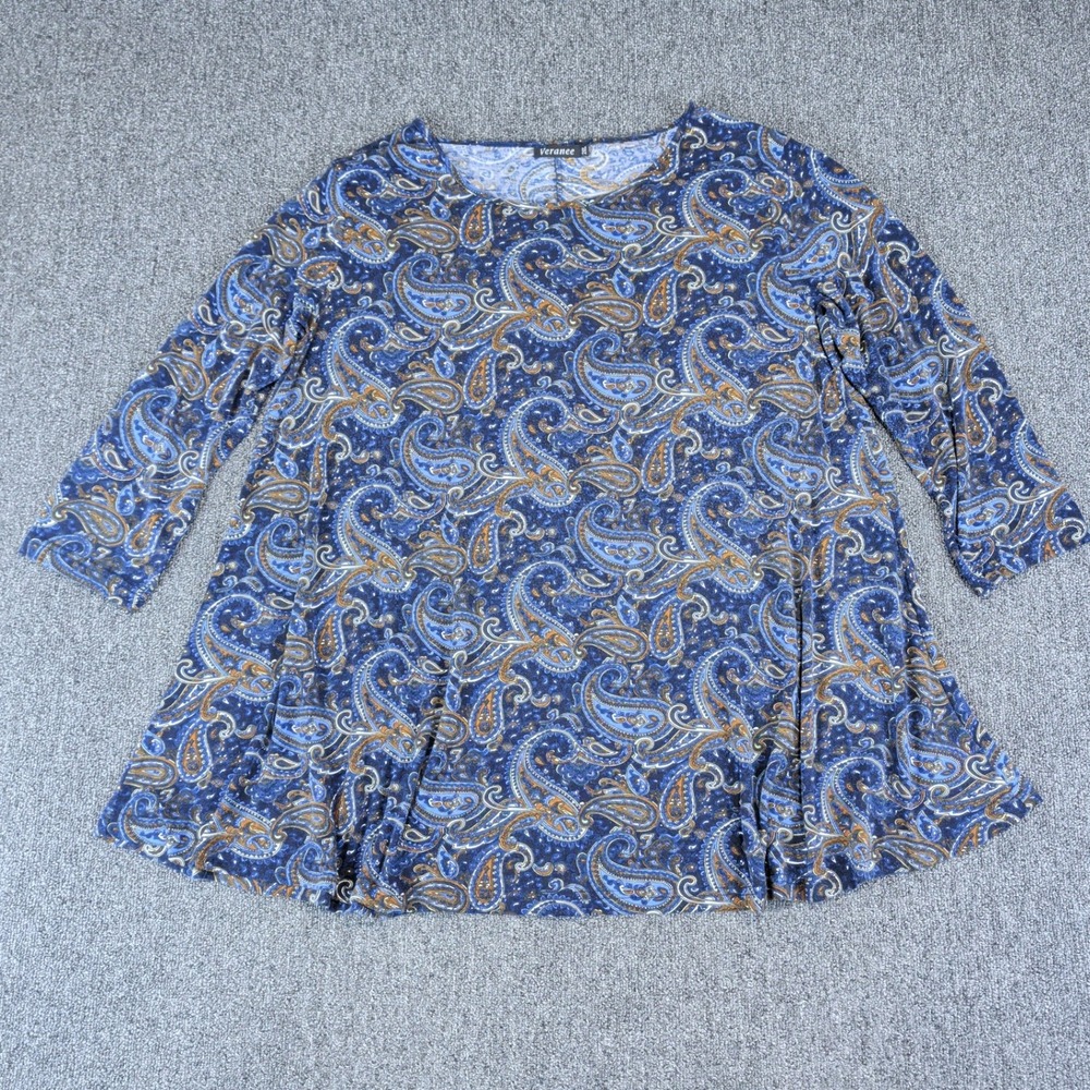 Veranee Boho Paisley Tunic Top Women 2XL Blue Brown 3/4 Sleeve A-Line Blouse